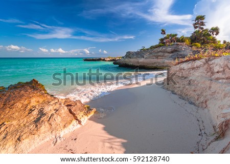 Beach at Caribbean sea in Playa del Carmen, Mexico Royalty-Free Stock Photo #592128740
