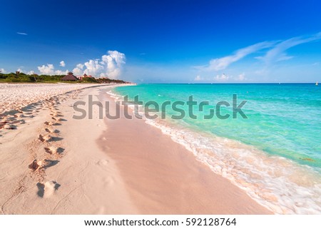 Beach at Caribbean sea in Playa del Carmen, Mexico Royalty-Free Stock Photo #592128764