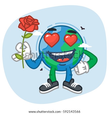 Character Earth in Love Holding Flower Rose. Vector Illustration. Mascot Character.