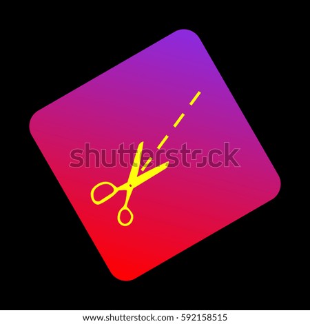 Scissors sign illustration. Vector. Yellow icon at violet-red gradient square with rounded corners rotated for dynamics on black background.