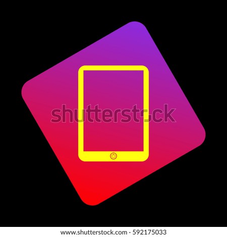 Computer tablet sign. Vector. Yellow icon at violet-red gradient square with rounded corners rotated for dynamics on black background.