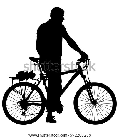 Black silhouette of a man cyclist. A man standing near the bike.