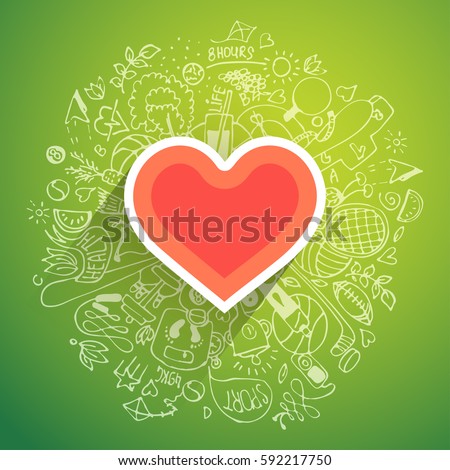 Healthy heart symbol with doodle concept with sketches about sport and health around it, vector modern concept about healthy lifestyle, heart disease treatment with sport, natural food, good sleep. Royalty-Free Stock Photo #592217750
