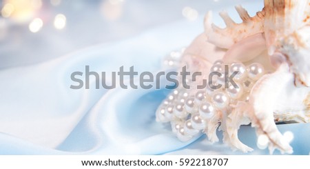 Wedding background with pearls and sea shell. Luxury wedding background