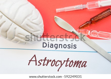 Brain figure, surgical scalpel, syringe and vials lying around title Diagnosis Astrocytoma. Concept photo for diagnosis, surgical and medicinal treatment of brain diseases astrocytoma