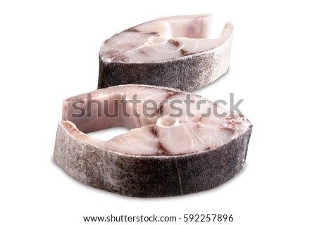 Two steak of cobia on a white background