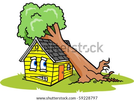 House under fallen tree, with an upset facial expression.