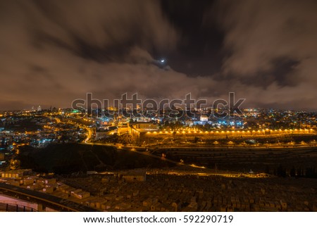 Old City of Jerusalem in night from Mount of Olives, Israel