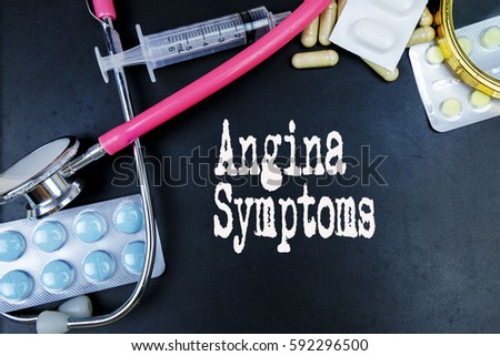 Angina Symptoms word, medical term word with medical concepts in blackboard and medical equipment background