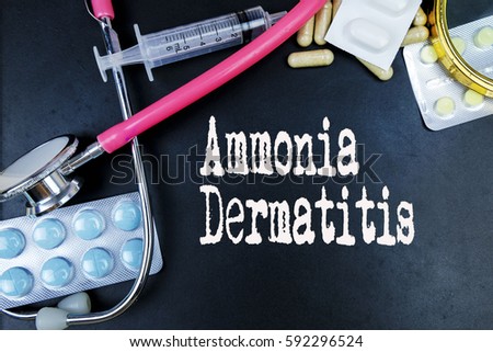Ammonia Dermatitis word, medical term word with medical concepts in blackboard and medical equipment background