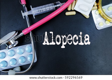Alopecia word, medical term word with medical concepts in blackboard and medical equipment background