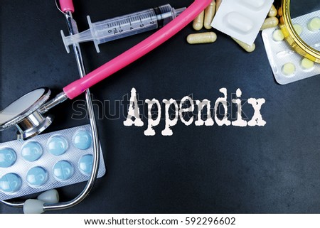 Appendix word, medical term word with medical concepts in blackboard and medical equipment background