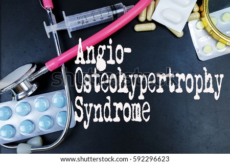 Angio-Osteohypertrophy Syndrome word, medical term word with medical concepts in blackboard and medical equipment background