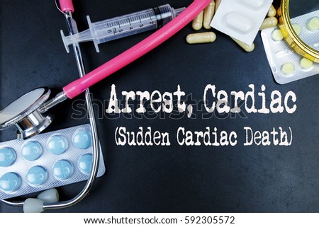 Arrest , cardiac word, medical term word with medical concepts in blackboard and medical equipment background