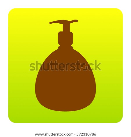 Gel, Foam Or Liquid Soap. Dispenser Pump Plastic Bottle silhouette. Vector. Brown icon at green-yellow gradient square with rounded corners on white background. Isolated.
