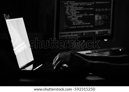 Russian hacker hacking the server in the dark Black and white Royalty-Free Stock Photo #592315250