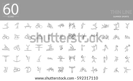 Paris 2024 olympics vector set of 60 summer sport icons. Thin line pictograms. Indoor and outdoor activities, single, team sport included. Graphic illustration clip art for design, mobile, web, print