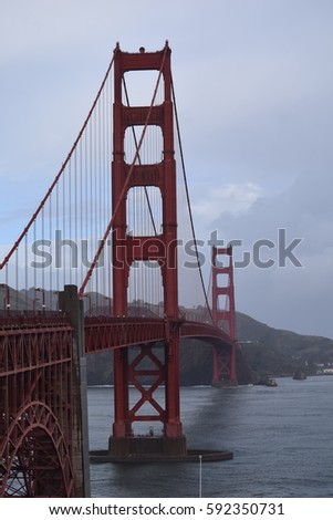 The Golden Gate Bridge on a foggy San Francisco morning.