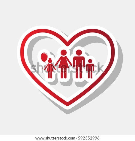 Family sign illustration in heart shape. Vector. New year reddish icon with outside stroke and gray shadow on light gray background.