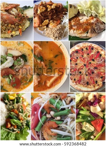 Collage of various dishes, different cuisine food product. Collection asian food background for your design.   