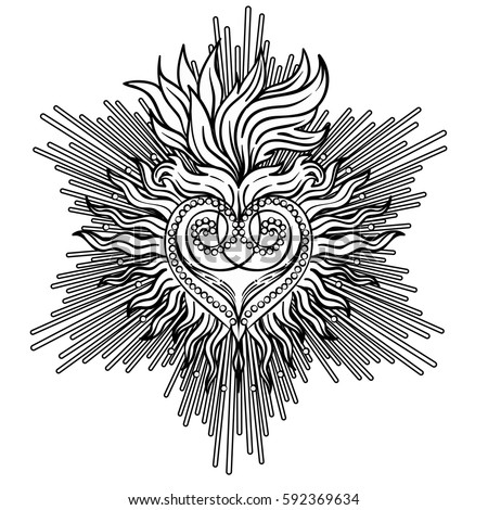 Sacred Heart of Jesus with rays. Vector illustration black isolated on white. Trendy Vintage style element. Spirituality, occultism, alchemy, magic, love. Coloring book for adults.