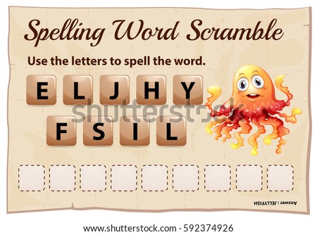 Spelling word scramble game with word jellyfish illustration