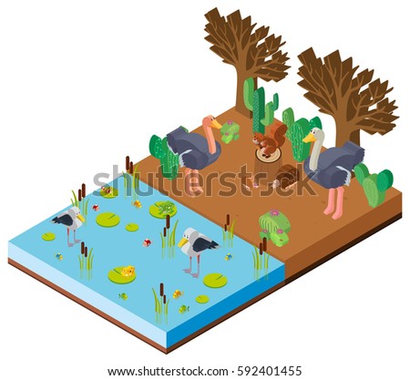 Scene with animals by the river in 3D design illustration