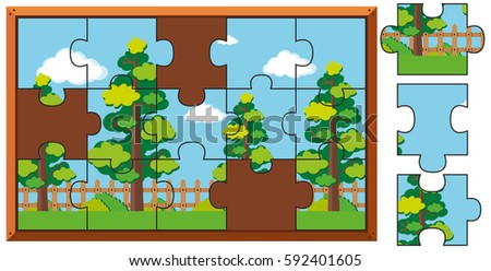 Jigsaw puzzle pieces of trees in park illustration