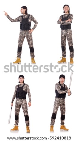 Soldier with bat isolated on the white background