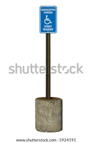 A true metal handicapped parking sign with rusty pole. Isolated, 12MP camera.