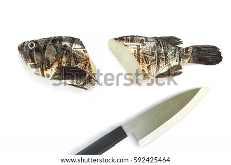 Money wrapped fish cut in half with fish carver isolated on white background. Concept of sharp drop in the exchange rate.

