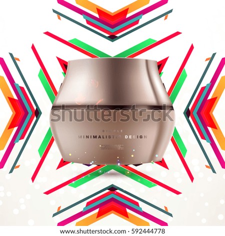 Cosmetics ads with hydrating facial cream mask bottle isolated on glitter particles background with geometric modern elements