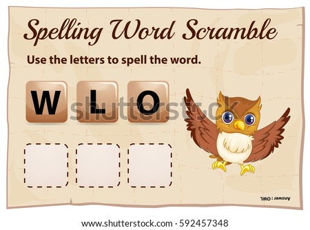 Spelling word scramble game with word owl illustration