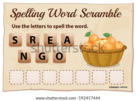 Spelling word scramble game with word oranges illustration