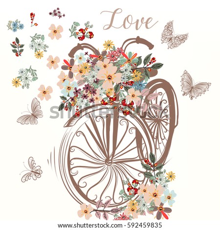 Cute fake hand drawn bicycle with bunch of spring flowers