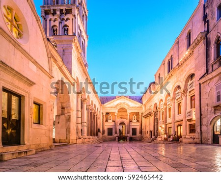 Scenic evening view at historic square Peristil in front of St. Domnius bell tower in town Split, popular touristic destination in Croatia, Europe. Royalty-Free Stock Photo #592465442