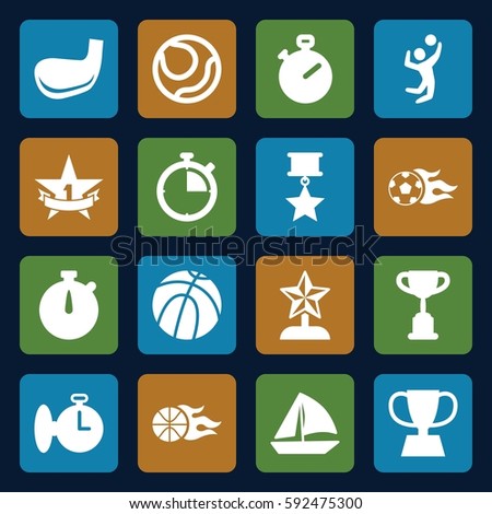 competition icons set. Set of 16 competition filled icons such as sailboat, trophy, volleyball player, football ball, basketball, 1st place star, golf stick, stopwatch