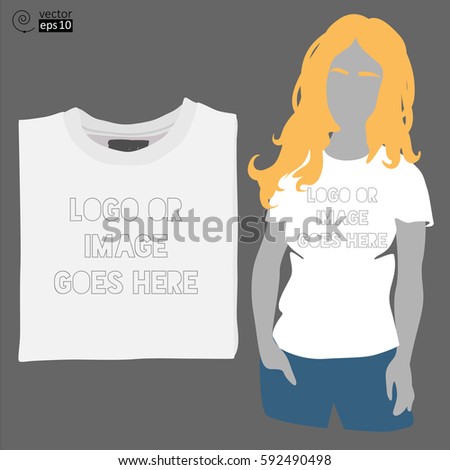 vector white blank t-shirt template and female silhouette in a white T-shirt for placing and modeling of logos, prints and images. It can be used as a mock-up. flat style.
