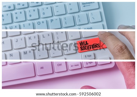 Close up of hand pressing word VISA SOLUTIONS on white keyboard.