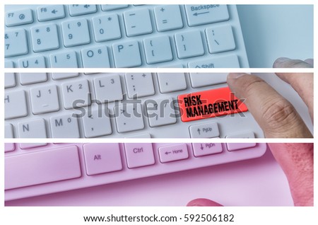 Close up of hand pressing word RISK MANAGEMENT on white keyboard.