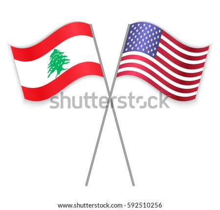 Lebanese and American crossed flags. Lebanon combined with United States of America isolated on white. Language learning, international business or travel concept.