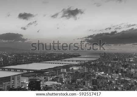 Black and White, Osaka city downtown with skyline backgorund, Japan