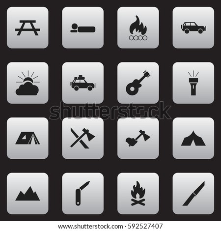 Set Of 16 Editable Trip Icons. Includes Symbols Such As Clasp-Knife, Blaze, Peak And More. Can Be Used For Web, Mobile, UI And Infographic Design.