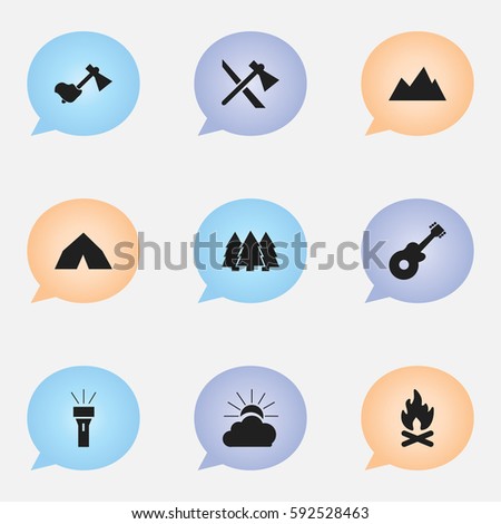 Set Of 9 Editable Trip Icons. Includes Symbols Such As Pine, Fever, Sunrise And More. Can Be Used For Web, Mobile, UI And Infographic Design.