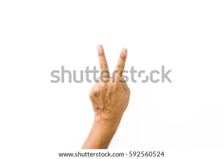 Hand Doing "V" Sign , Man hand making sign , Isolated on white background