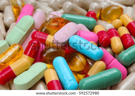 Medical or vitamin pills. Colorful medicine pills as texture. Pill pattern background.