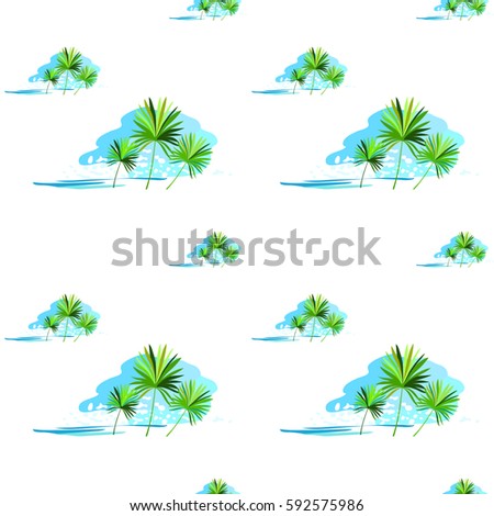 Palm trees in a island seamless pattern. Exotic background. Cartoon style. Vector illustration. All over print.