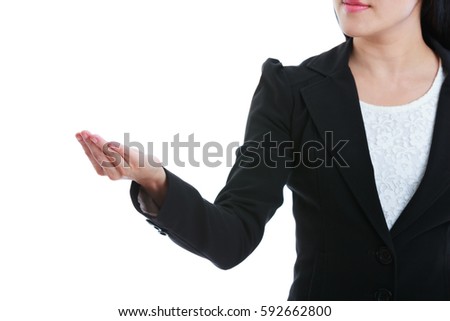 Closeup of woman showing hand up, empty copy space on open hand palm for advertise slogan or text message. Focus on hand. Business woman in black suit. Isolated on white background. studio shot.