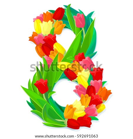 vector floral celebration illustration. Cartoon design for eight. Tulip flower number 8. Clip art isolated on transparent background.