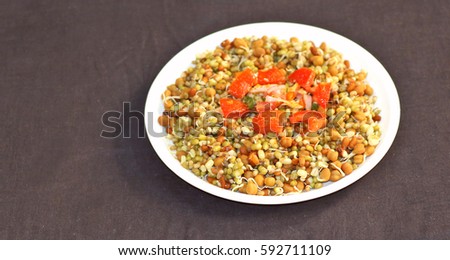 Germinated healthy seeds on the black background in white plate.